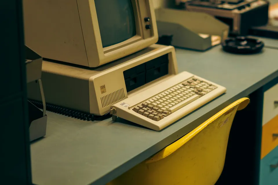 An old beige desktop computer and keyboard on a desk
