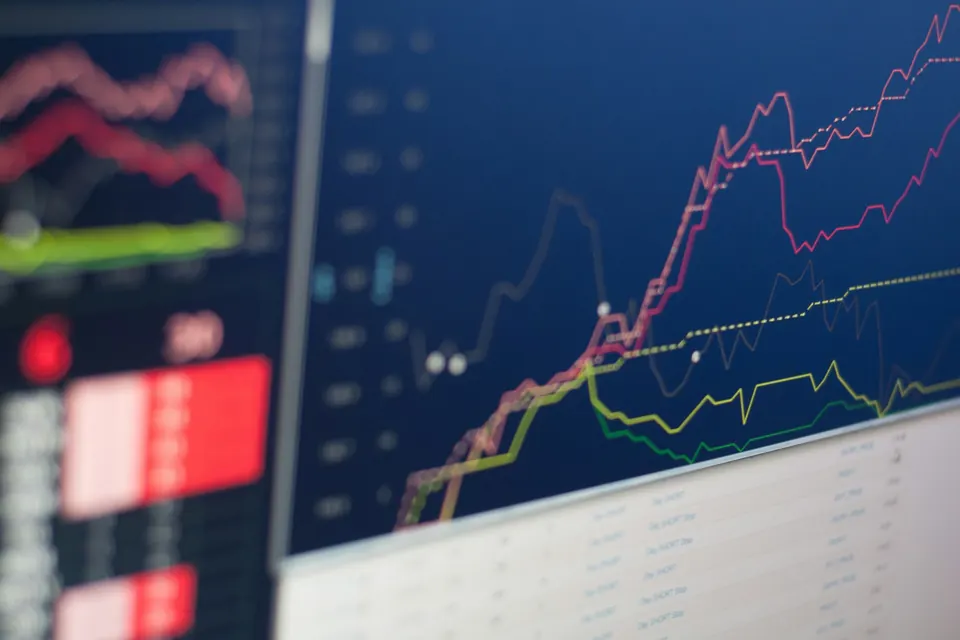 Close-up of a monitor showing market price charts